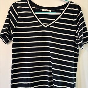 Black and White Striped V-Neck T-Shirt